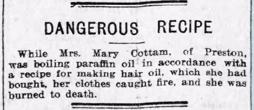 Newspaper clipping titled Dangerous Recipe about a fatal paraffin hair-oil recipe