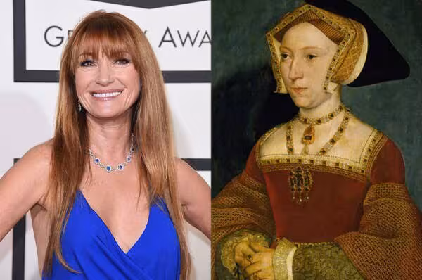 Jane Seymour the actress beside a portrait of Jane Seymour, wife of Henry VIII