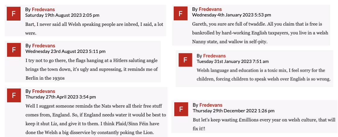 Examples of comments posted by the account FredEvans